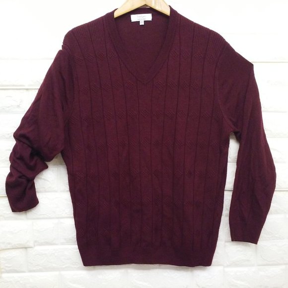 Turnbury Merino Wool Ribbed Cable Knit Sweater V-Neck LS Unisex Mens-XLT Wine - Picture 11 of 11